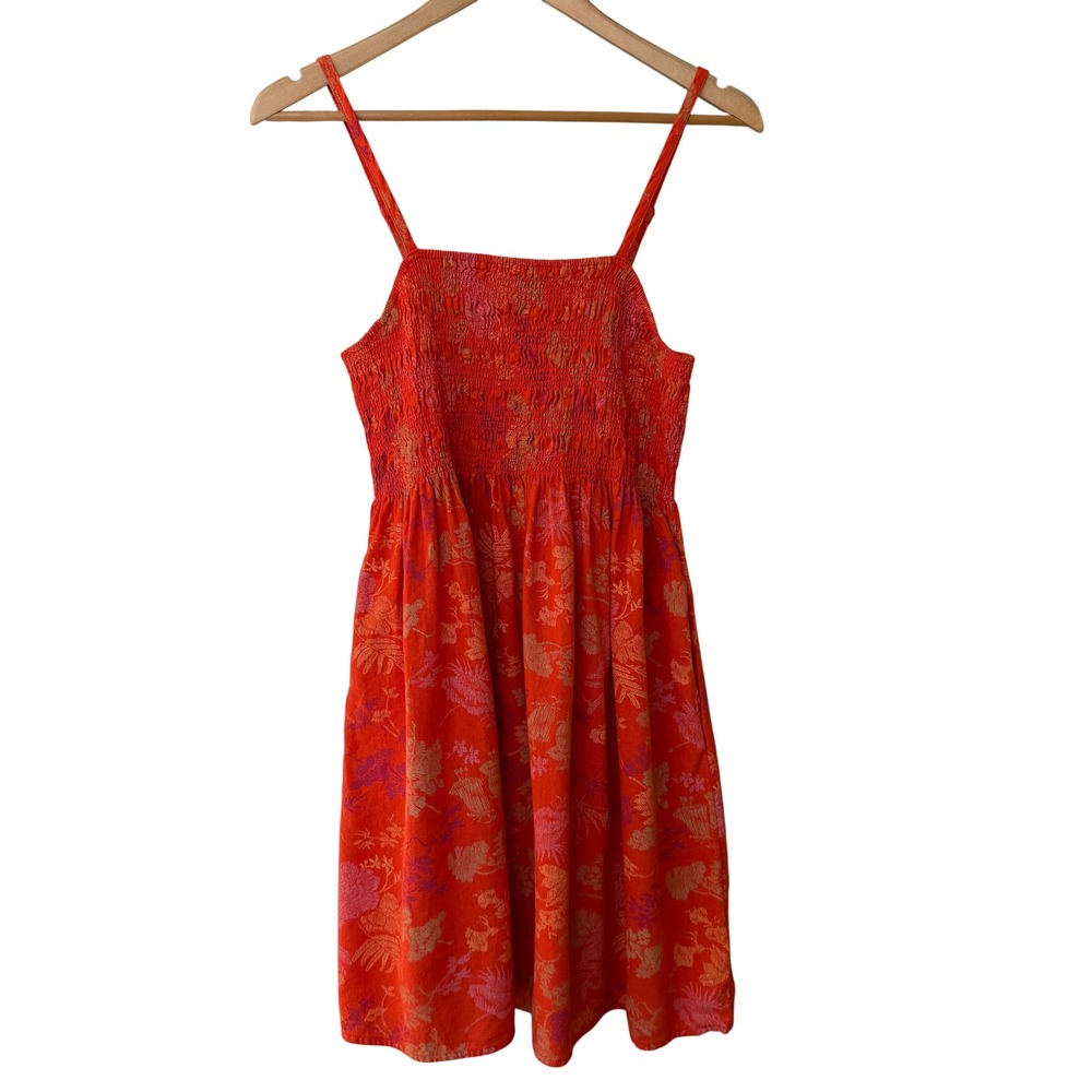 Universal Thread Orange Floral Smocked Linen Blend Mini Dress Pockets Size Small